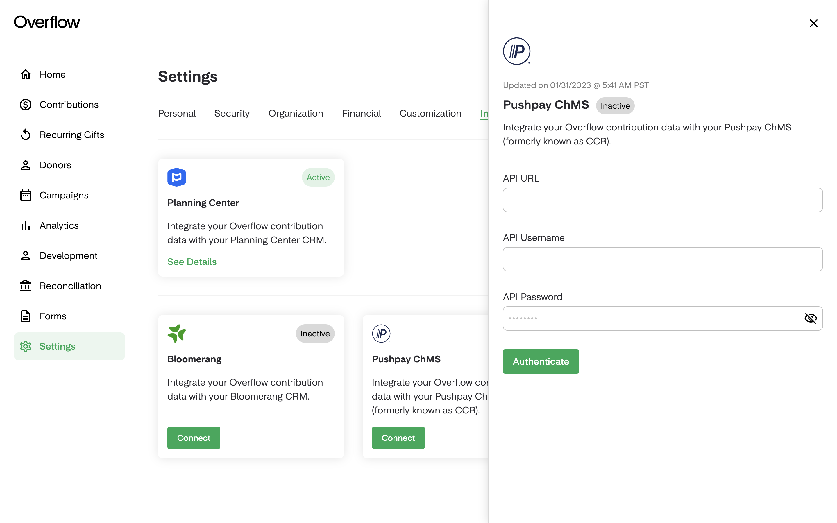 CRM Integration: Pushpay (CCB) ChMS – Overflow